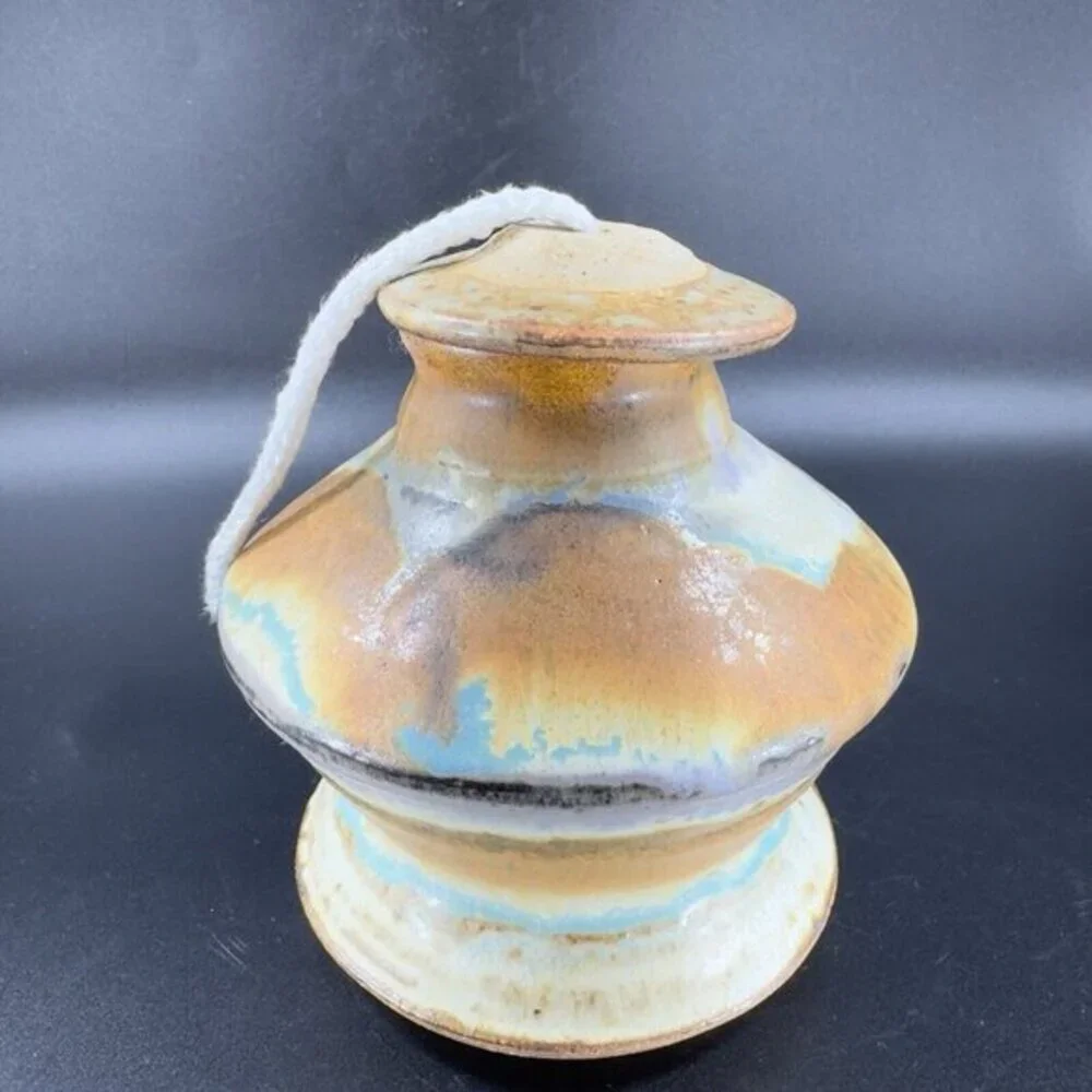 Vintage Hand Made Studio Pottery Oil Lamp Stoneware New Artist‎ Signed Pottery